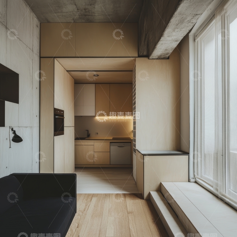 高清大图下载【趣麦麦图】现代简约厨房与客厅一体化设计