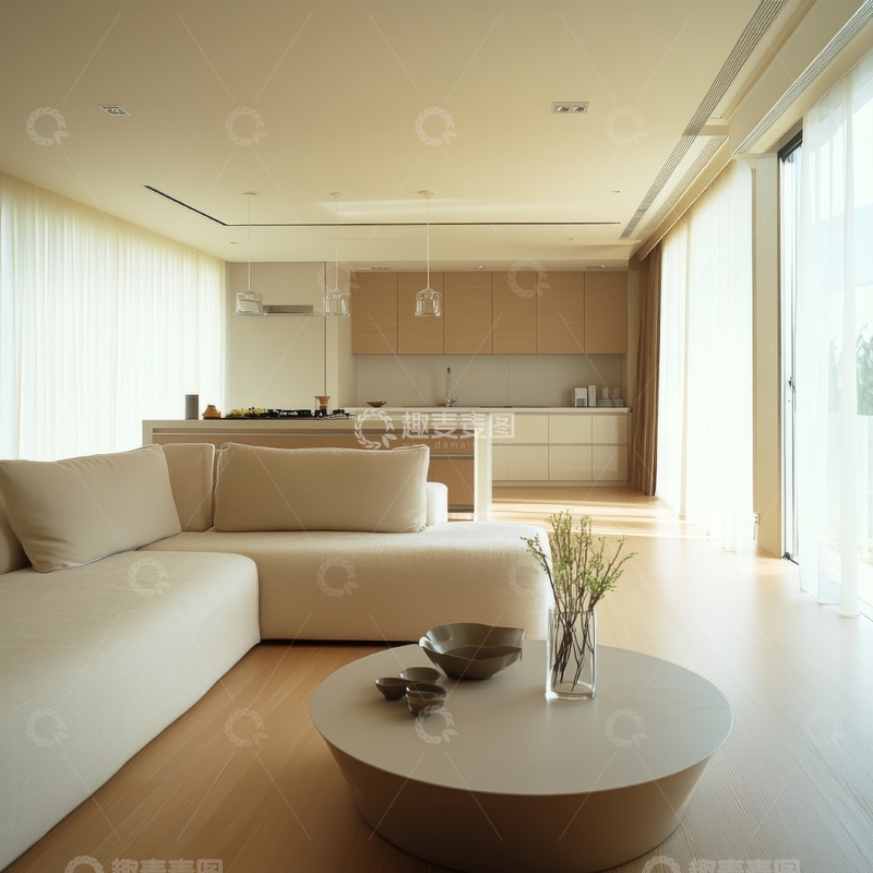 高清大图下载【趣麦麦图】现代简约客厅与开放式厨房