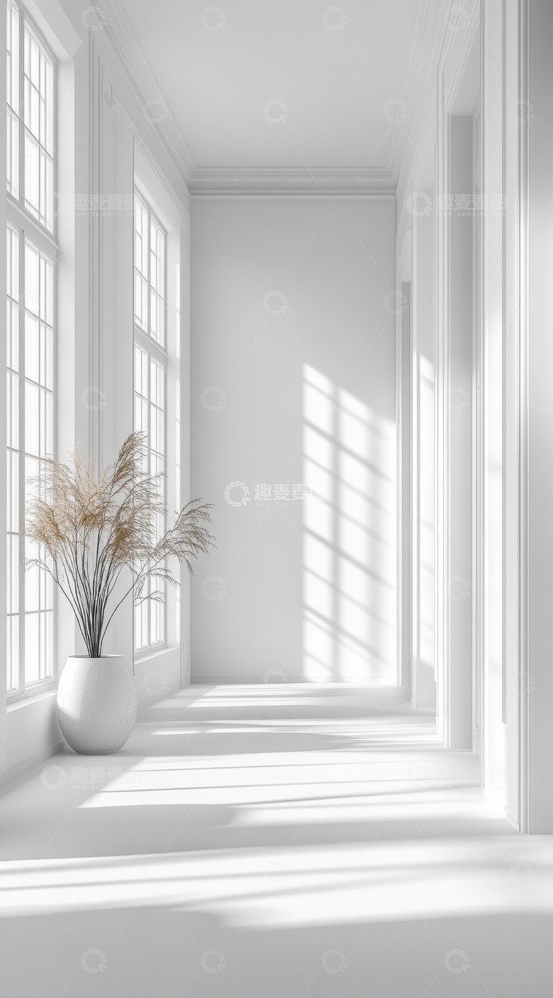 高清大图下载【趣麦麦图】明亮的白色室内空间，阳光透过窗户洒入