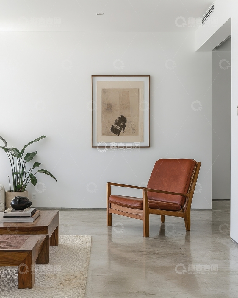高清大图下载【趣麦麦图】简约现代客厅，木质椅子与艺术挂画