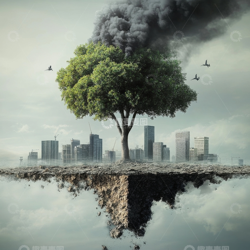 高清大图下载【趣麦麦图】孤树悬浮城市之上，黑烟弥漫