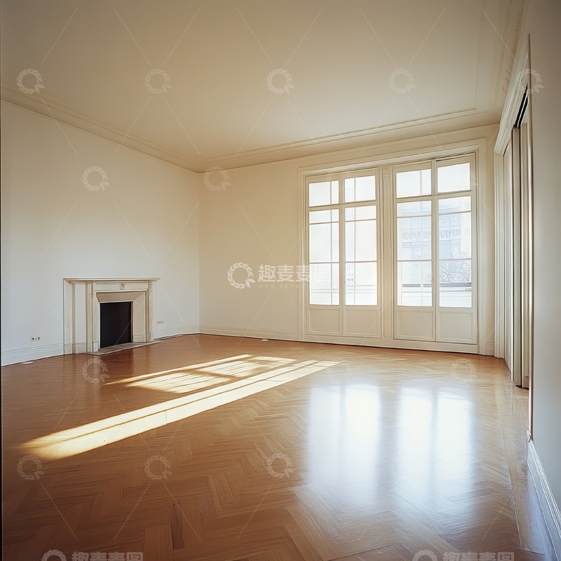 高清大图下载【趣麦麦图】明亮空旷的房间，木地板与大窗户