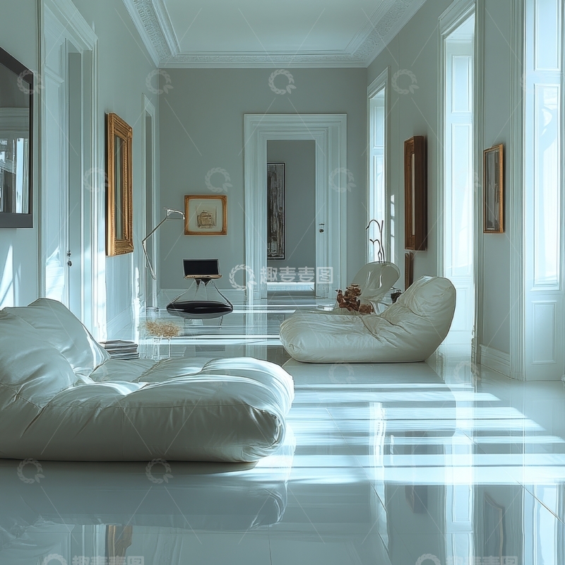 高清大图下载【趣麦麦图】现代简约客厅，白色沙发与自然光