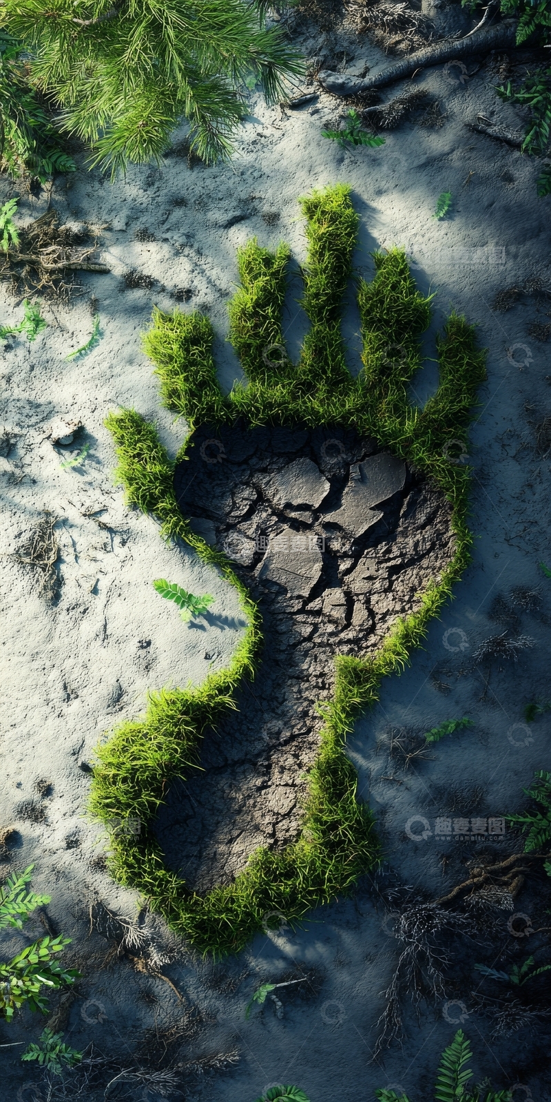 高清大图下载【趣麦麦图】手印形状的青苔在干裂土地上