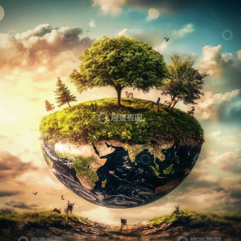 高清大图下载【趣麦麦图】地球与绿洲：自然共生的奇幻景象