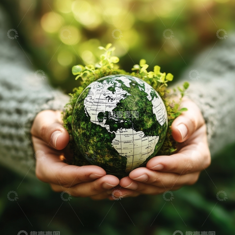 高清大图下载【趣麦麦图】双手捧着覆盖绿植的地球模型