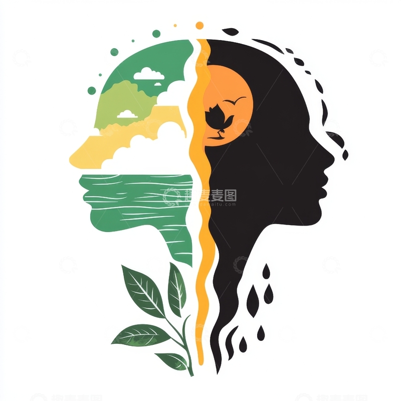高清大图下载【趣麦麦图】人脑与自然景观融合的艺术插画