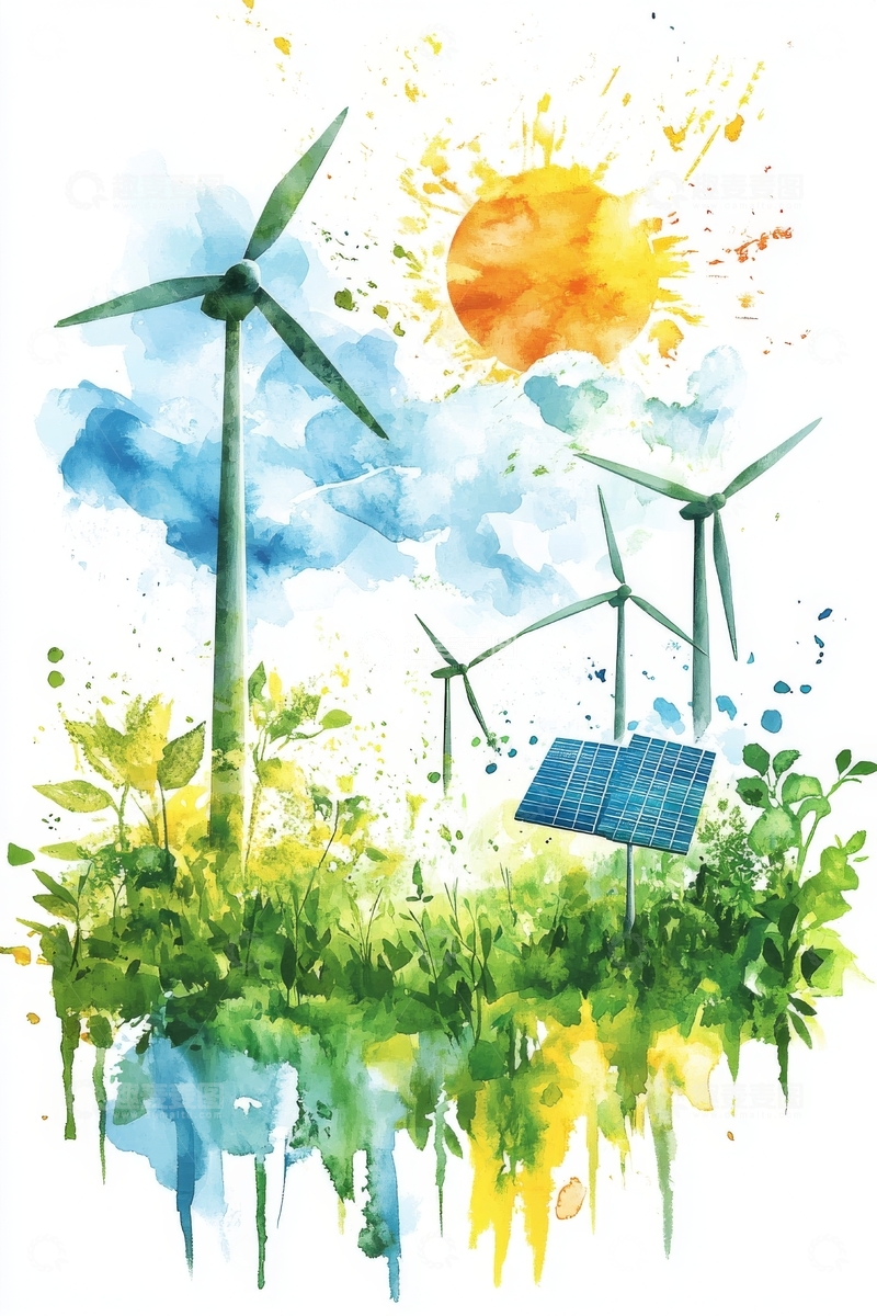 高清大图下载【趣麦麦图】风力发电与太阳能板的水彩艺术