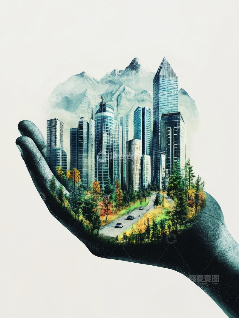 高清大图下载【趣麦麦图】手掌中的城市与自然