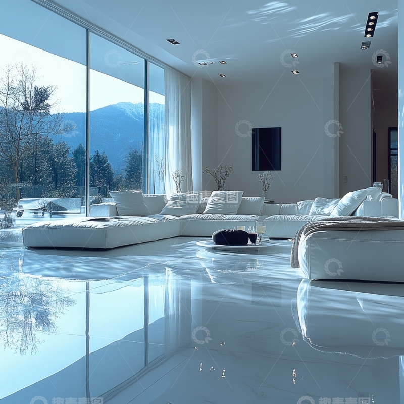 高清大图下载【趣麦麦图】现代客厅全景，落地窗外山景