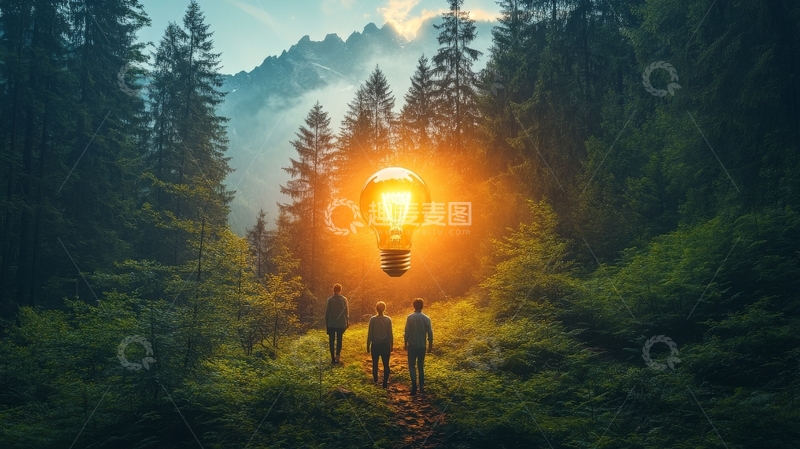 高清大图下载【趣麦麦图】森林中三人仰望发光灯泡