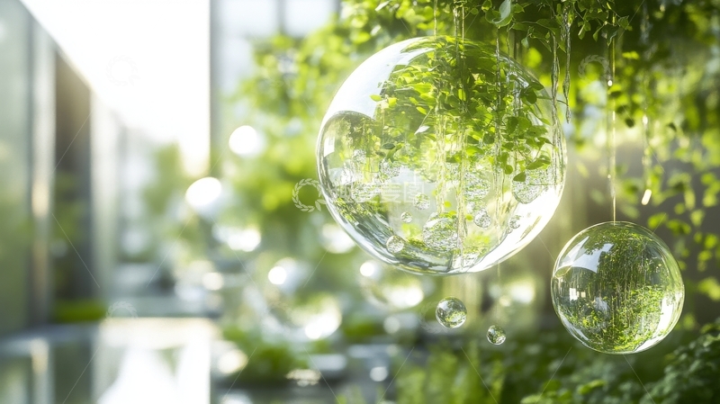 高清大图下载【趣麦麦图】悬挂的玻璃球内生长的绿色植物