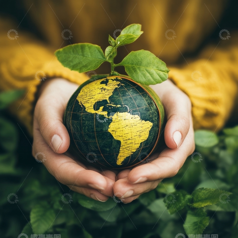 高清大图下载【趣麦麦图】双手捧着地球仪，绿叶点缀其间