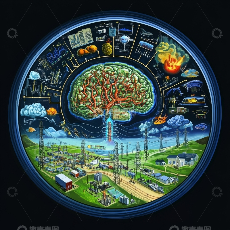 高清大图下载【趣麦麦图】大脑与工业生态的融合图景