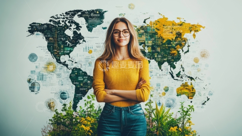 高清大图下载【趣麦麦图】女子站在世界地图前，双臂交叉微笑
