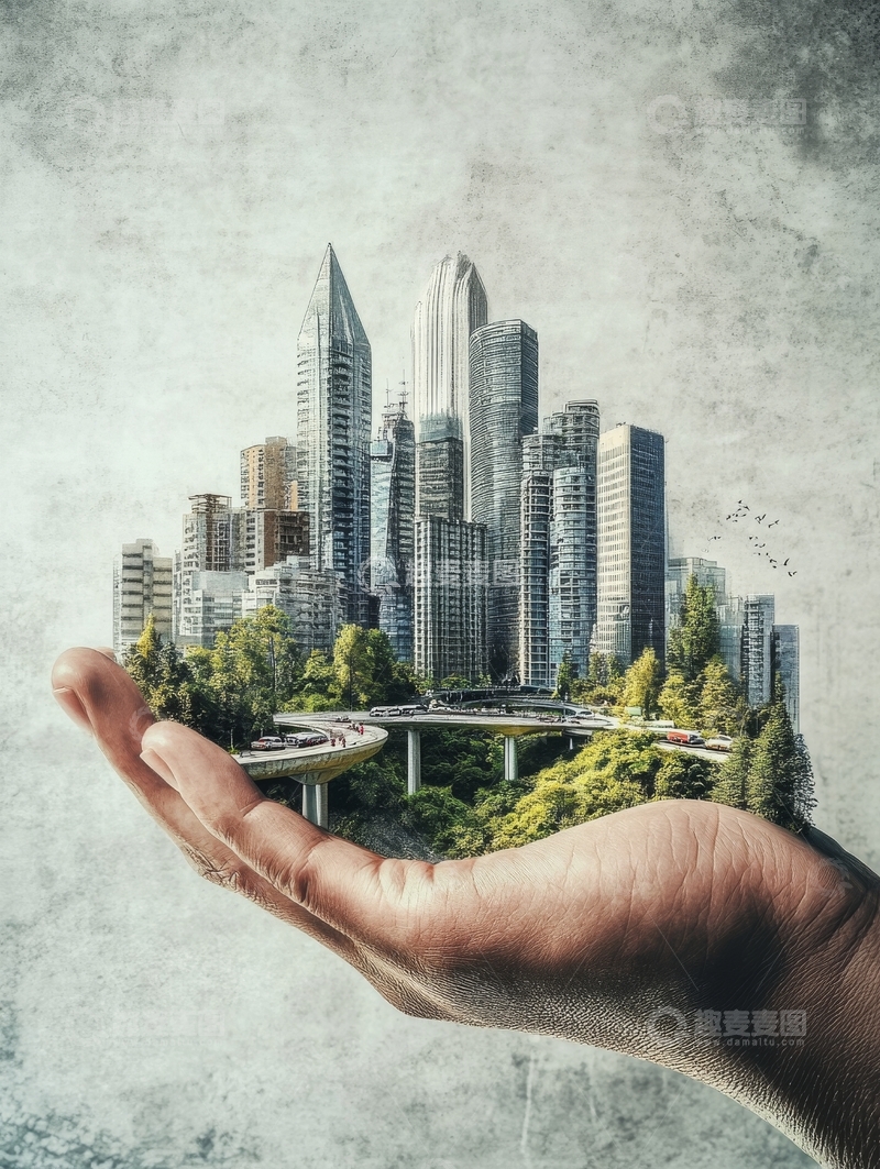 高清大图下载【趣麦麦图】手掌托举现代城市景观