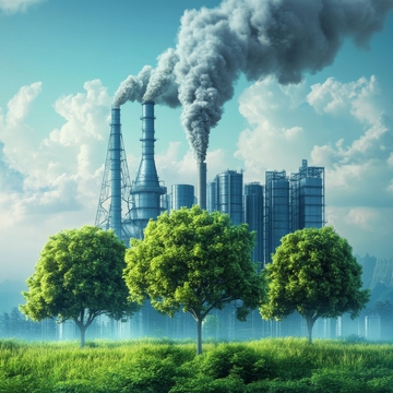 工业烟囱排放烟雾，前景绿树成荫