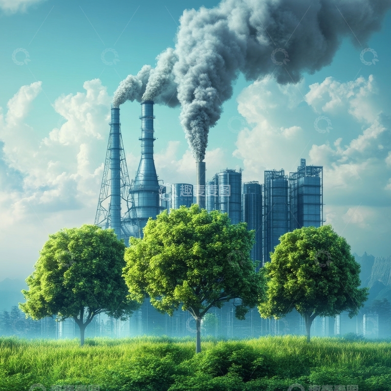 高清大图下载【趣麦麦图】工业烟囱排放烟雾，前景绿树成荫