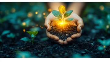 双手捧着发光的幼苗