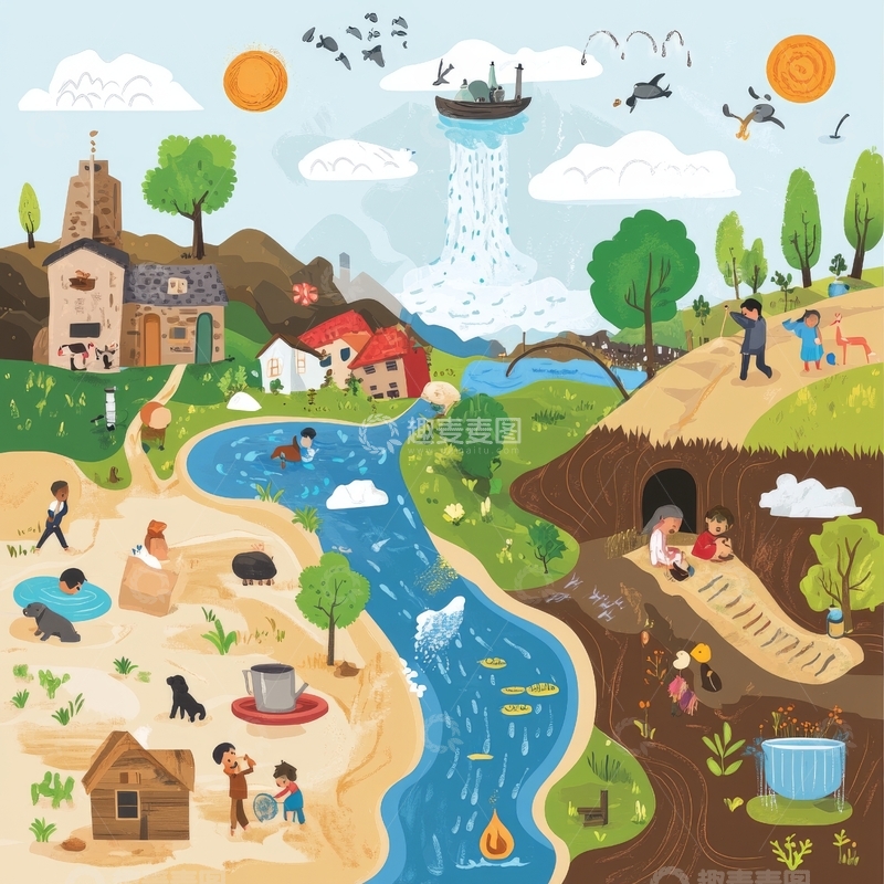 高清大图下载【趣麦麦图】乡村河流生活场景