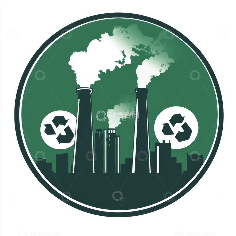 高清大图下载【趣麦麦图】工业烟囱与循环标志的绿色背景图