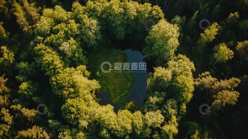 高清大图下载【趣麦麦图】森林中的心形湖泊俯瞰图