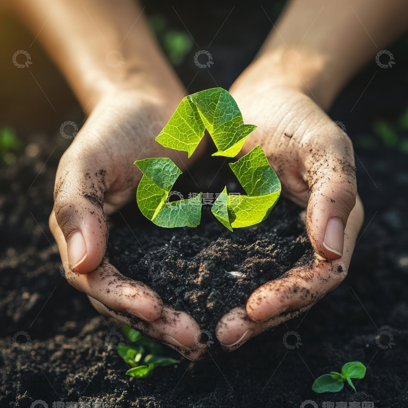 高清大图下载【趣麦麦图】双手捧土，绿叶形成循环符号