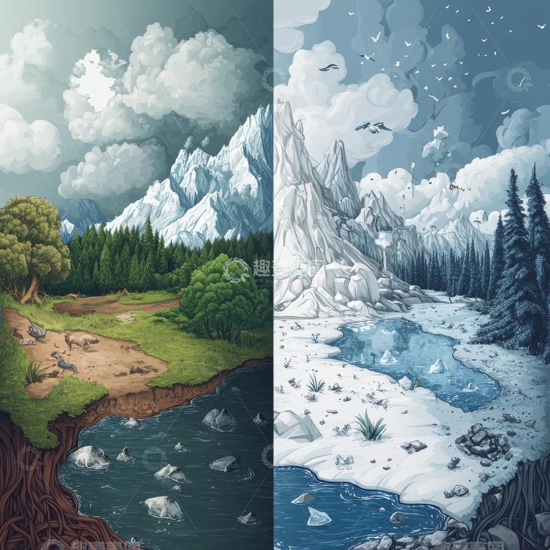高清大图下载【趣麦麦图】-四季变换：夏绿与冬雪的对比