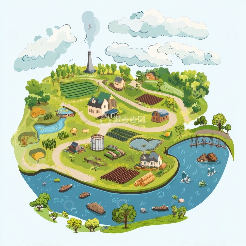 高清大图下载【趣麦麦图】田园风光与河流环绕的乡村图景