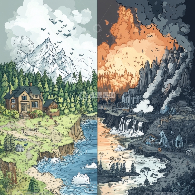 高清大图下载【趣麦麦图】对比自然景观：宁静与破坏