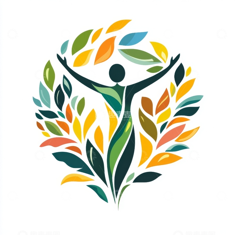 高清大图下载【趣麦麦图】彩色树叶环绕的人形图案