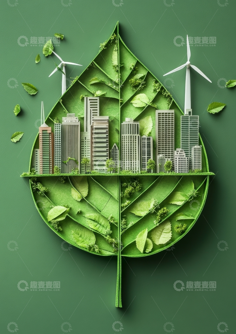 高清大图下载【趣麦麦图】绿色叶片中的城市与风力发电机