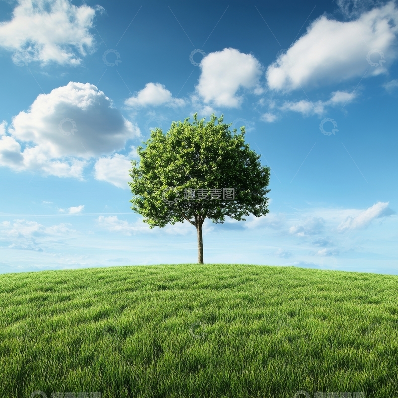 高清大图下载【趣麦麦图】绿草如茵，孤树蓝天