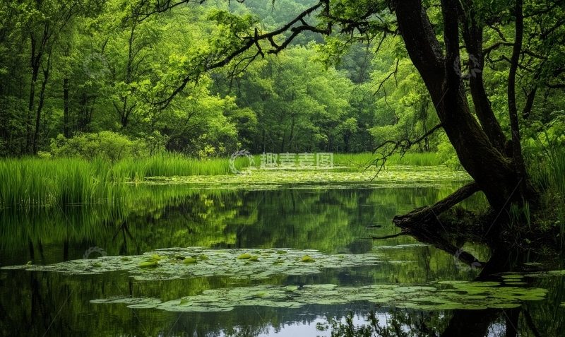 高清大图下载【趣麦麦图】静谧湖畔，绿树倒影
