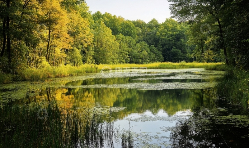 高清大图下载【趣麦麦图】宁静的森林湖泊，倒影斑斓