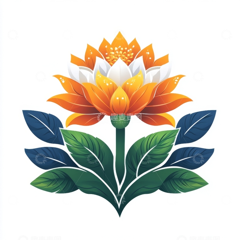 高清大图下载【趣麦麦图】橙色莲花与绿叶的艺术插画