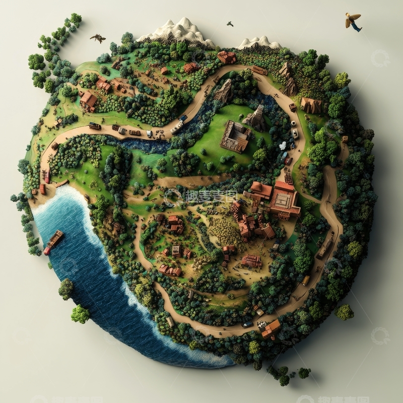 高清大图下载【趣麦麦图】圆形岛屿上的村庄与自然景观