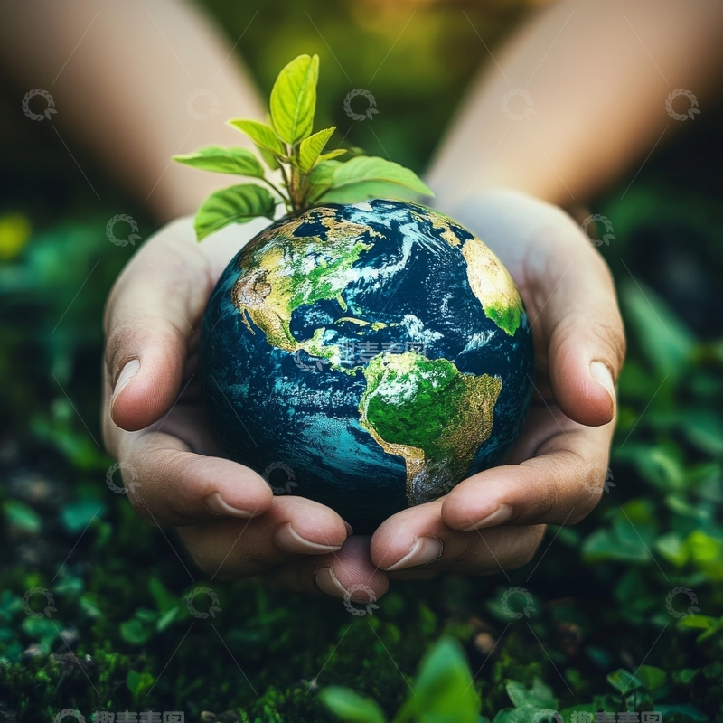 高清大图下载【趣麦麦图】双手捧地球，绿芽生长
