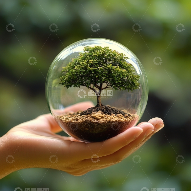 高清大图下载【趣麦麦图】手中捧着玻璃球内的微型树