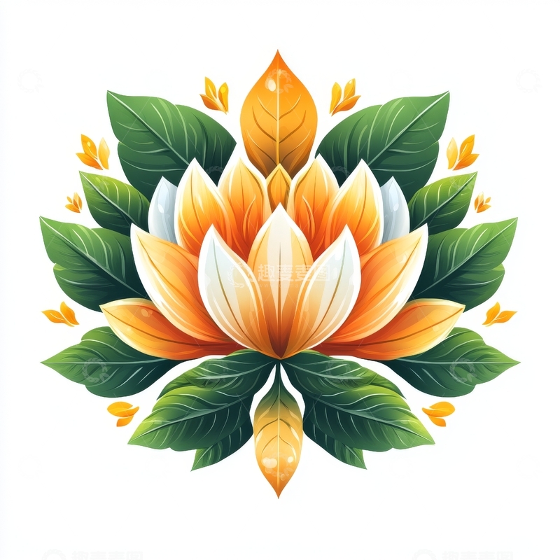 高清大图下载【趣麦麦图】-橙白相间的莲花与绿叶装饰图案