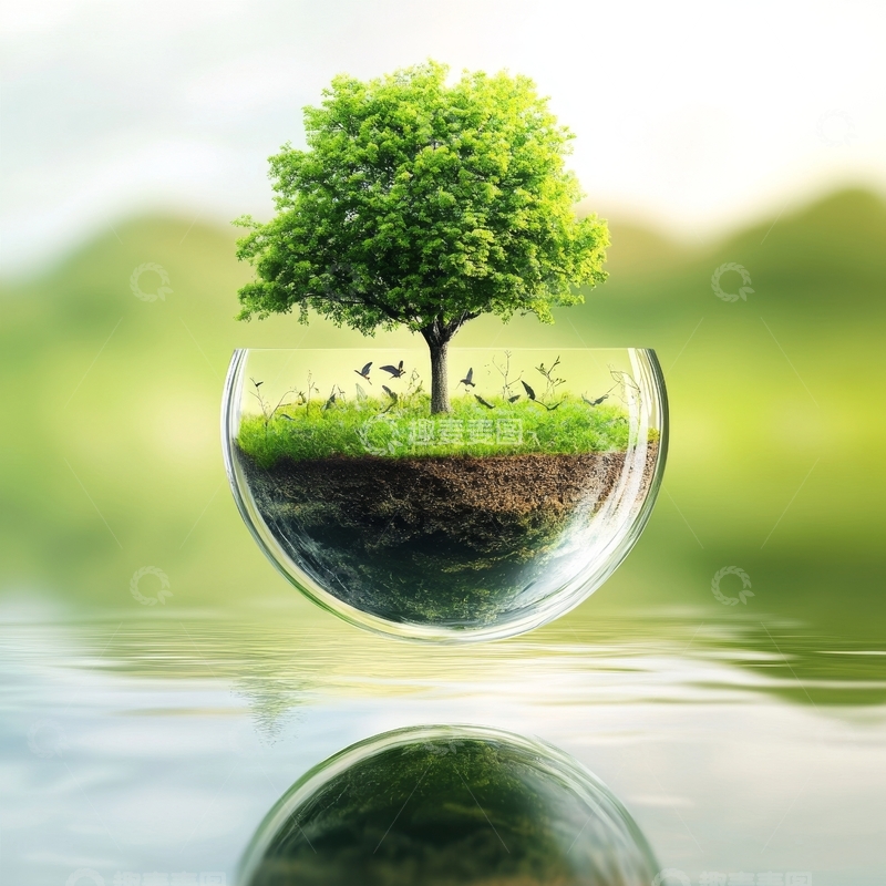 高清大图下载【趣麦麦图】玻璃球中的绿色树木