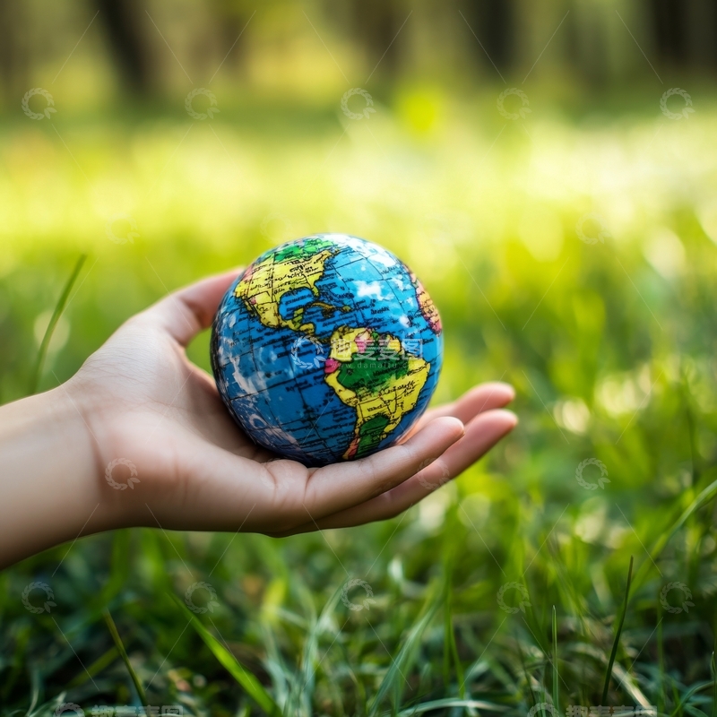 高清大图下载【趣麦麦图】手捧地球仪置于绿草之上