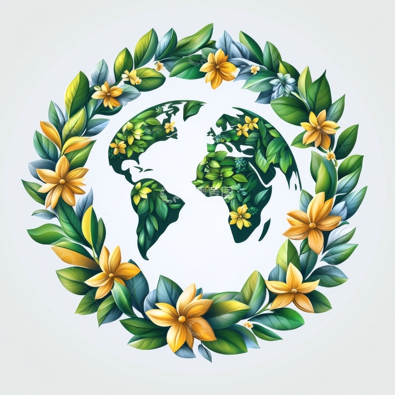 高清大图下载【趣麦麦图】绿叶花朵环绕的地球图案