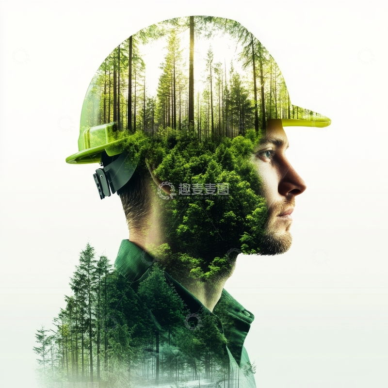 高清大图下载【趣麦麦图】森林与工人头盔的双重曝光艺术