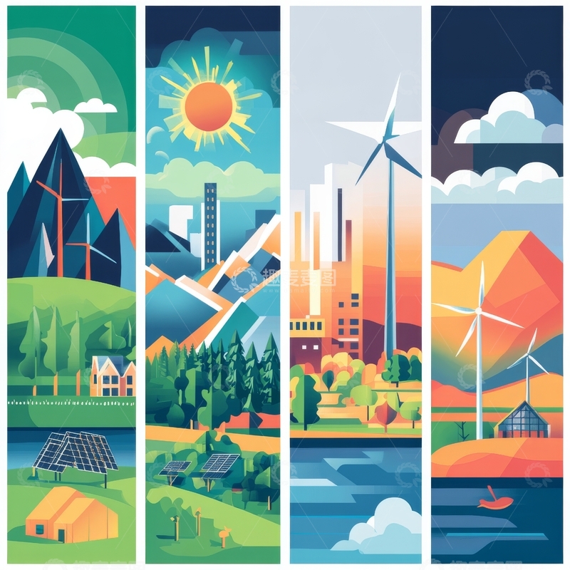 高清大图下载【趣麦麦图】四季自然与科技景观插画