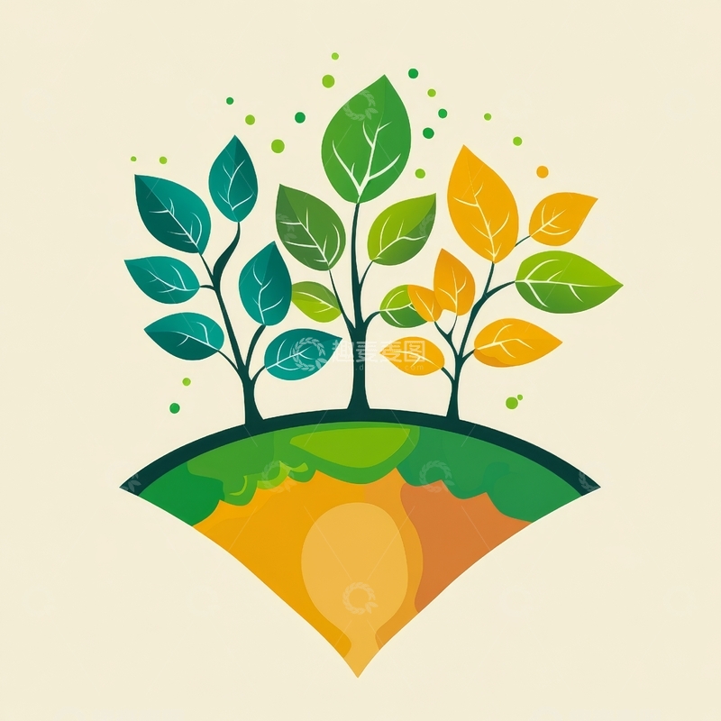 高清大图下载【趣麦麦图】多彩树叶与土壤的生态插画