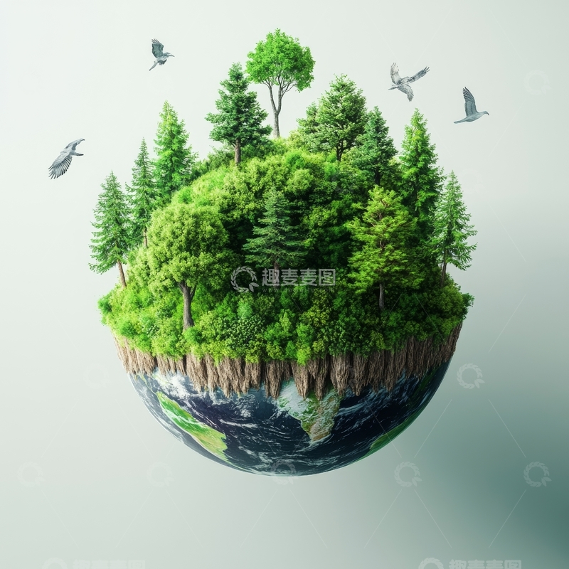 高清大图下载【趣麦麦图】悬浮森林小岛与飞翔鸟群