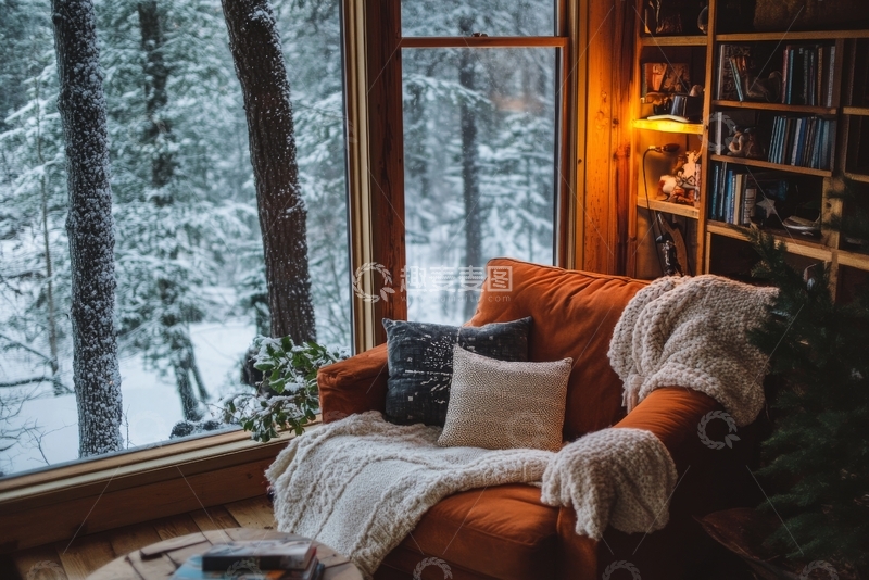 高清大图下载【趣麦麦图】雪景窗外，温馨室内沙发