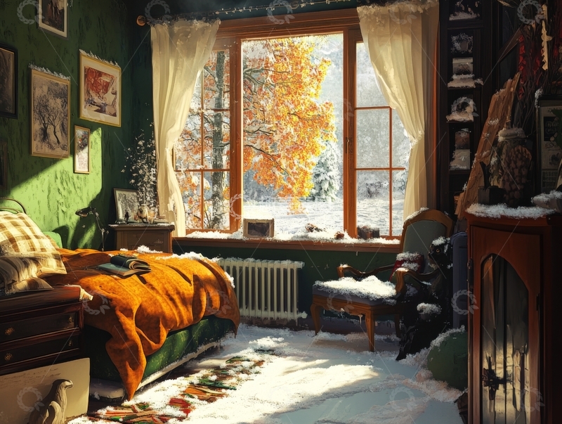 高清大图下载【趣麦麦图】冬日暖室，窗外秋叶映雪景