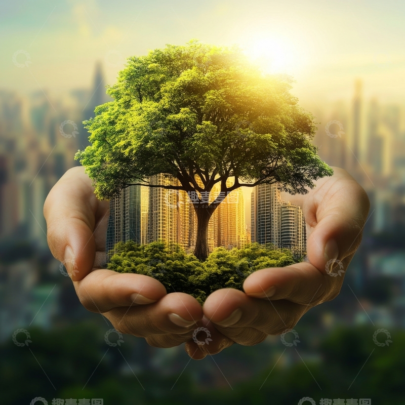 高清大图下载【趣麦麦图】双手捧着绿树，城市背景